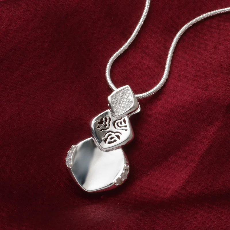 

OMHXZJ Wholesale Personality Fashion OL Woman Girl Gift Silver Geometric AAA Zircon 925 Sterling Silver Pendant Necklace NC43