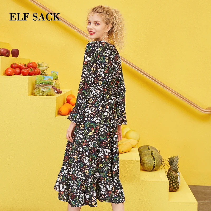 ELFSACK, весна, новое женское шифоновое платье с полным принтом, прямые женские платья с v-образным вырезом, высокая талия, Femme Vestidos, вечерние платья