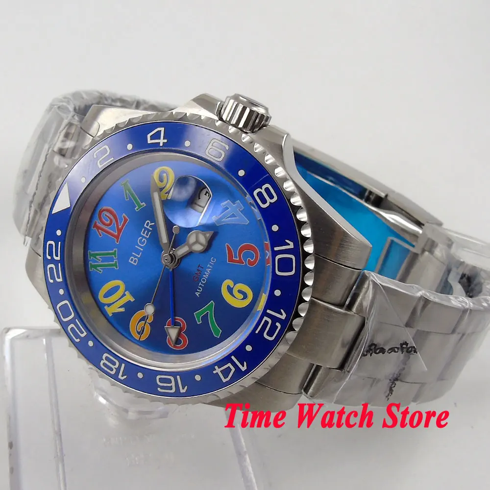 

Bliger 40mm blue dial date colorful marks saphire glass blue Ceramic Bezel GMT Automatic movement Men's watch