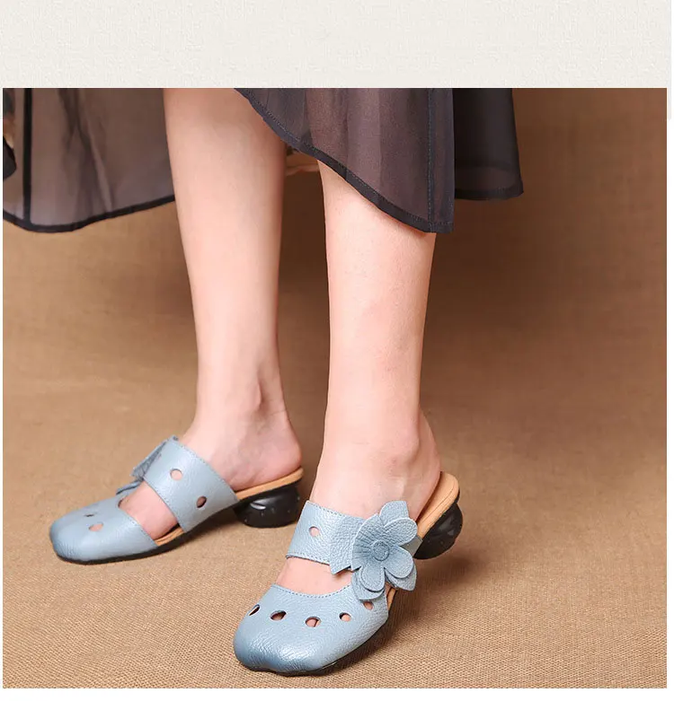 Xiuteng Hollow Sandals Flowers Pattern Genuine Leather Big Head Adjustable Daily Sandals Ladies Shoes Spring New Women Slippers