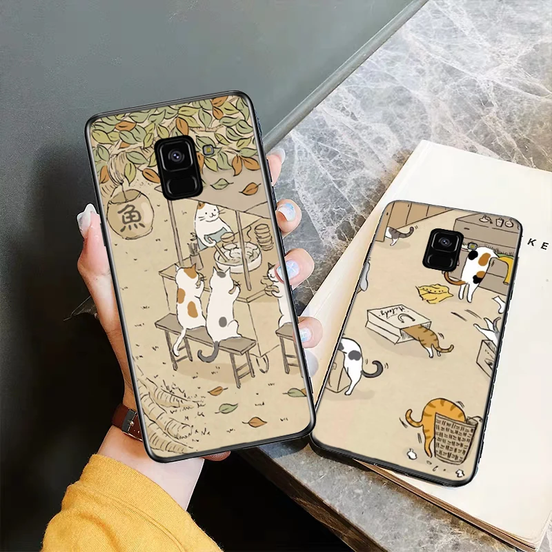 Японский кот напиток узор кожаный силиконовый чехол для Samsung A2 Core A3 A5 A6 плюс A7 A8 A9