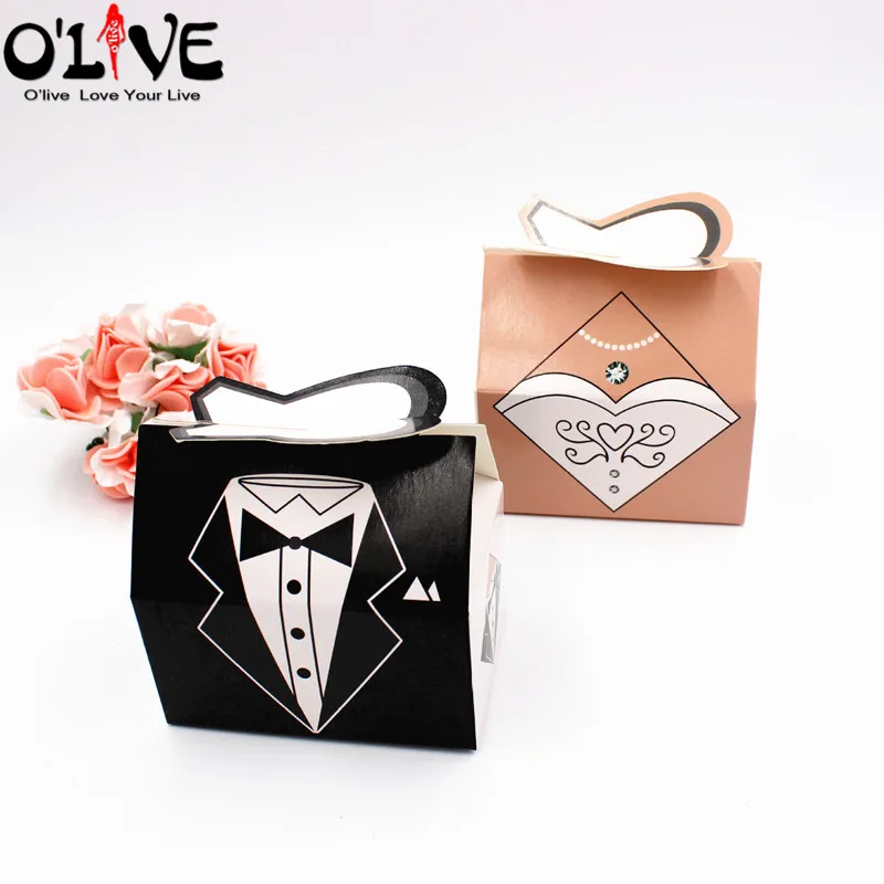 

50 Pairs Bride Groom Gift Box Candy Packaging Party Favors Bonbonniere Dresses Wedding Box Present Chocolate Sugar Dropshipping