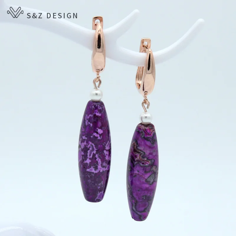 

S&Z Long Nature Map Stone Horse Eye Dangle Earrings 585 Rose Gold Pearl Ethnic Eardrop Temperament Vintage For Women Jewelry