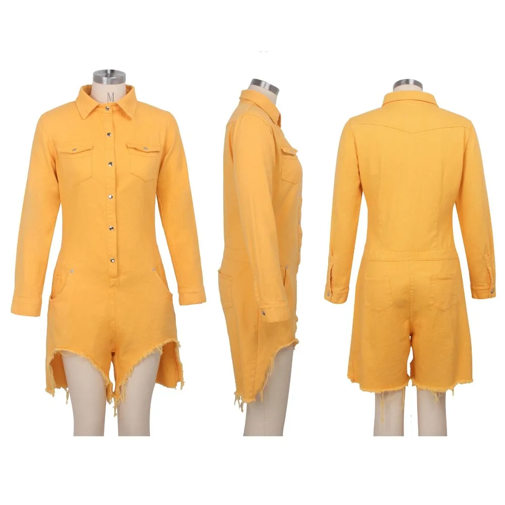 

2019 Summer Women's Solid Color Full Sleeve Turn-Down Collar Pockets Casual Women Jumpsuits Slim Women Rompers Female Playsuits