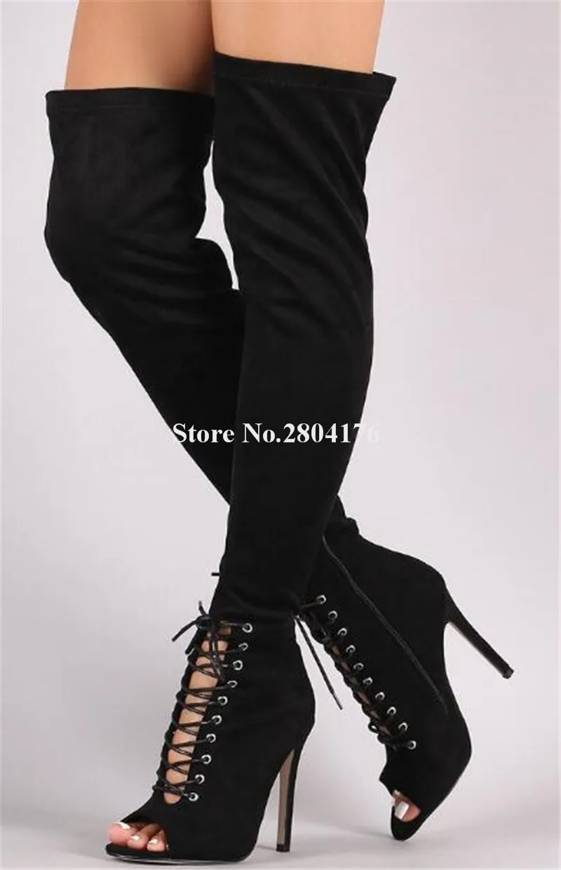 

Модные женские сапоги-гладиаторы выше колена из черной замши на тонком каблуке высокие сапоги на высоком каблуке со шнуровкой и вырезами