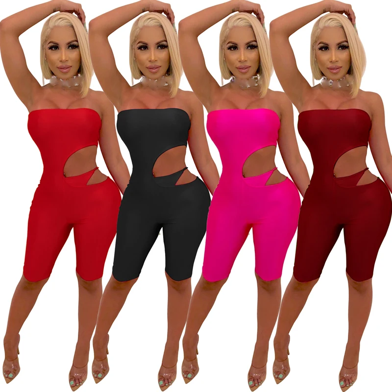 

Sexy tube top waist knot hollow jumpsuit red black wine red rose red jumpsuit