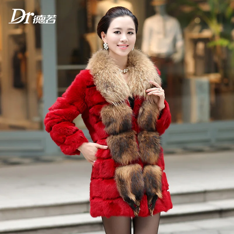 

Winter Ladies' Genuine Real Natural Rabbit Fur Coat Raccoon Fur Collar Women Fur Outerwear Clothing VF0594