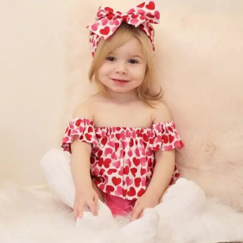 Newborn Baby Girl Off Shoulder Heart Blouse CropTops Shorts Briefs Headband 3pcs Outfits Sunsuit Clothes Set | Детская одежда и