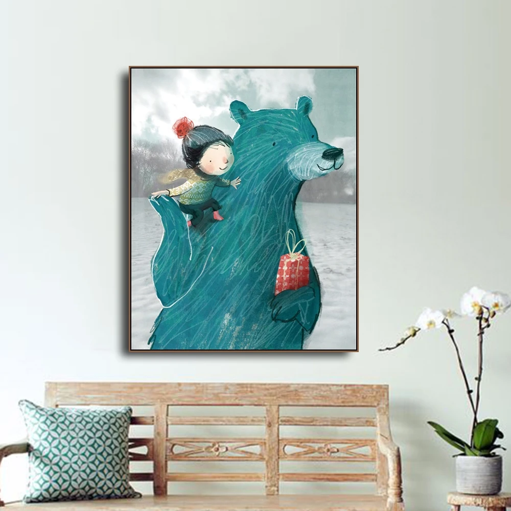 Laeacco холщовая картина с каллиграфией мультяшный медведь и маленькая девочка