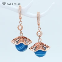 sz new 2019 blue black onyx agates round natural stone dangle earrings 585 rose gold women unique personality jewelry gift