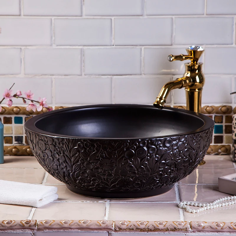 

HAND CARVED Flower Design Black Color Ceramic Hotel Basin Bathroom Sink