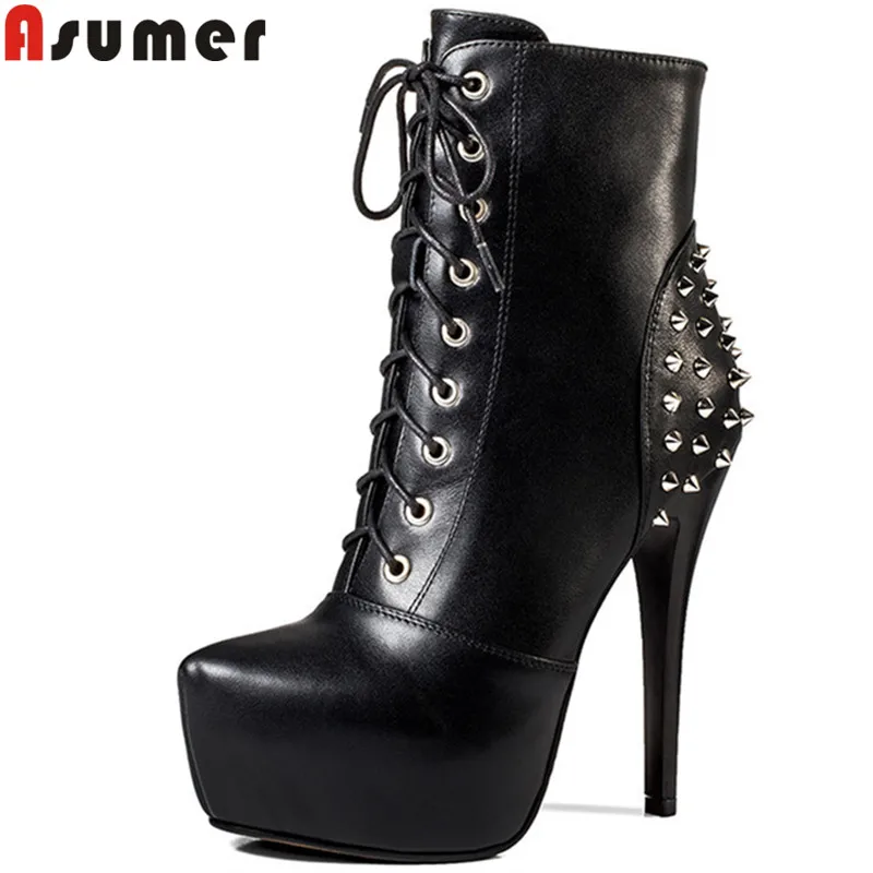

ASUMER fashion autumn winter boots women round toe zip genuine leather boots super high heels shoes platform ankle boots women