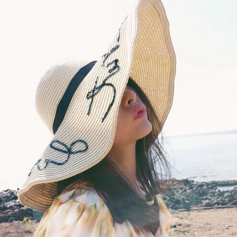 

Women Summer Large Brim Sun Hats For Women Sequins Letter Do Not Disturb Embroidery Folded Floppy Beach Hat Bohemia Travel Cap