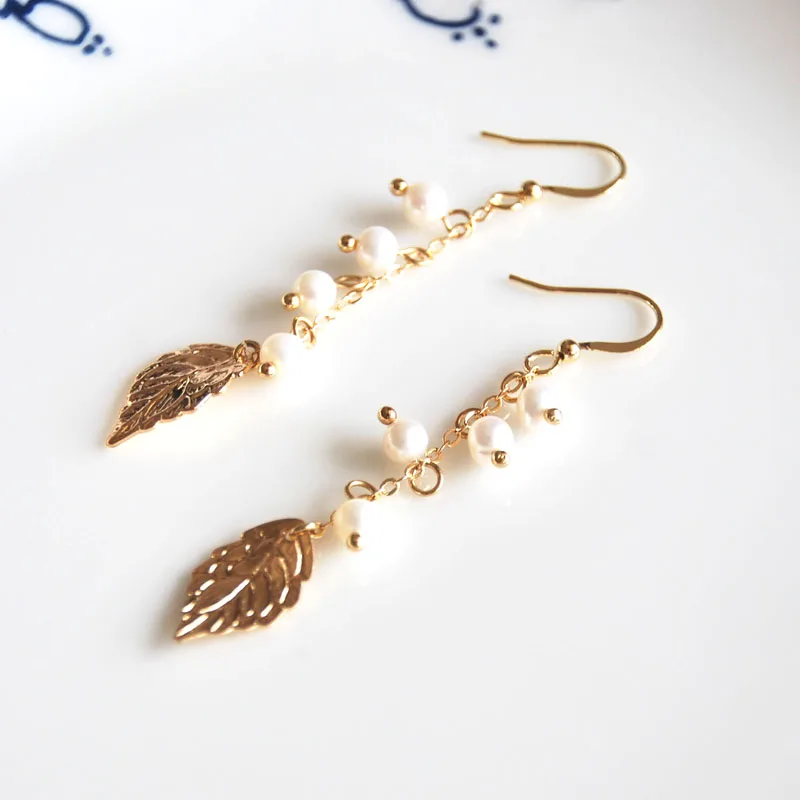 

gold color fashion jewelry Dangle Earrings handmade leaf earring with pearl for women gift