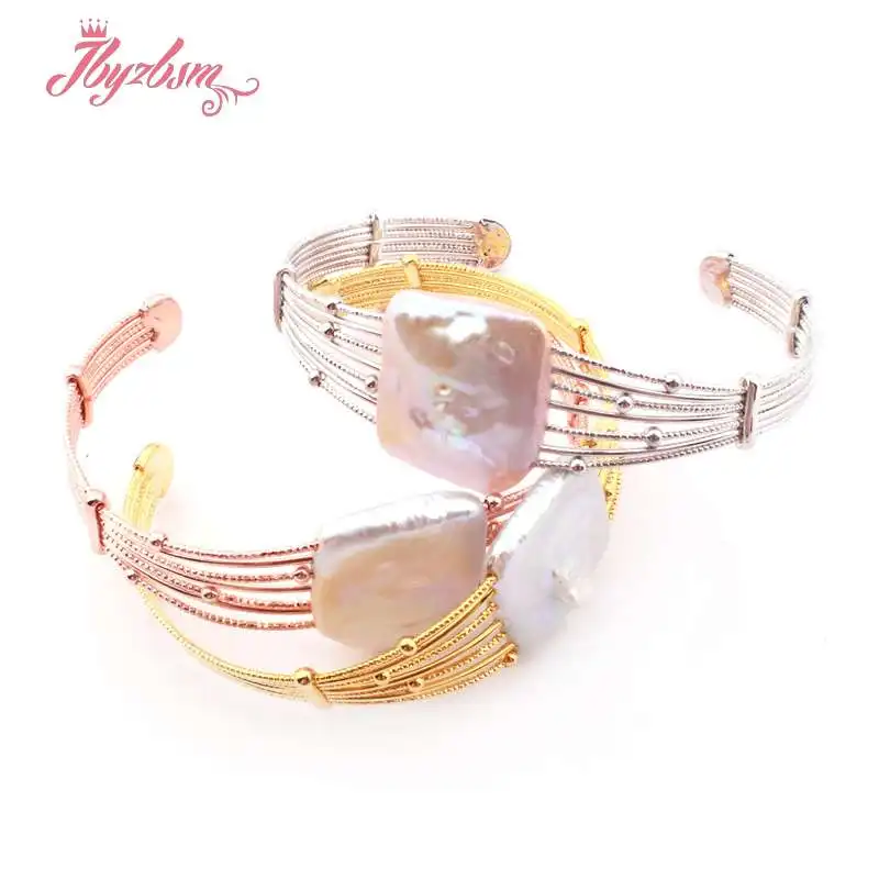 

20mm Square Elegant Freshwater Pearl Silver Gold Rose Gorgeous Bangle Bracelet Jewerly for Women Wedding Party Anniversary Gift