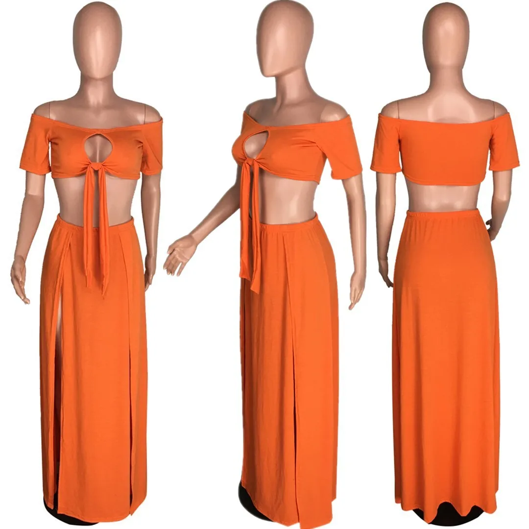 

HAOOHU Summer 2 Piece Matching Sets Women Beach Outfits Off Shoulder Backless Crop Top And High Split Long Skirt