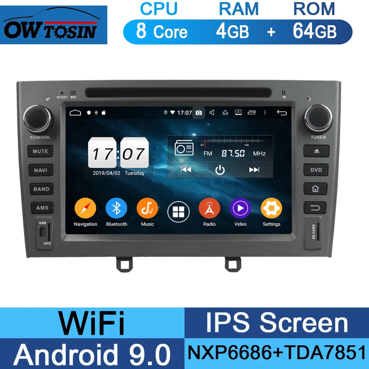 64G " ips Восьмиядерный 4 Гб ОЗУ+ 64 Гб ПЗУ Android 9,0 автомобильный DVD радио gps для peugeot 408 308 308SW 2007-2011 DSP CarPlay Parrot BT стерео - Цвет: 64G