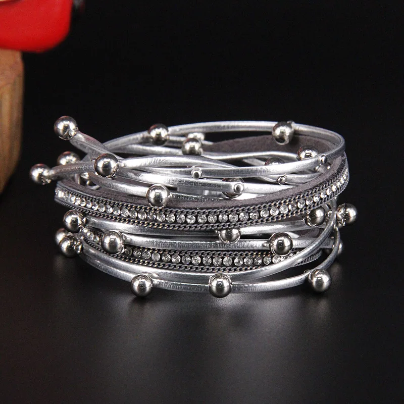 ZG Multilayer Leather Bracelets for Women Femme Crystal Metal Beads Charm Bohemian Style Bracelet Female Jewelry