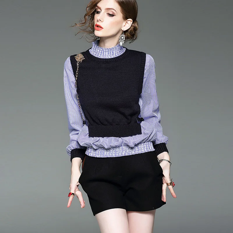 

Stand collar Long sleeve Fake two piece suit Knitted stitching thin striped shirt Ladies Spring Autumn Cute Long Sleeve Blouse