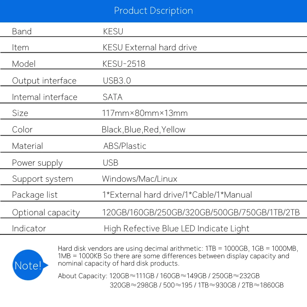 250 ГБ Plug and play Storage USB3.0 KESU-2518 Портативный внешний накопитель Жесткий диск 2," HDD быстрая скорость жесткий диск для ПК/Mac