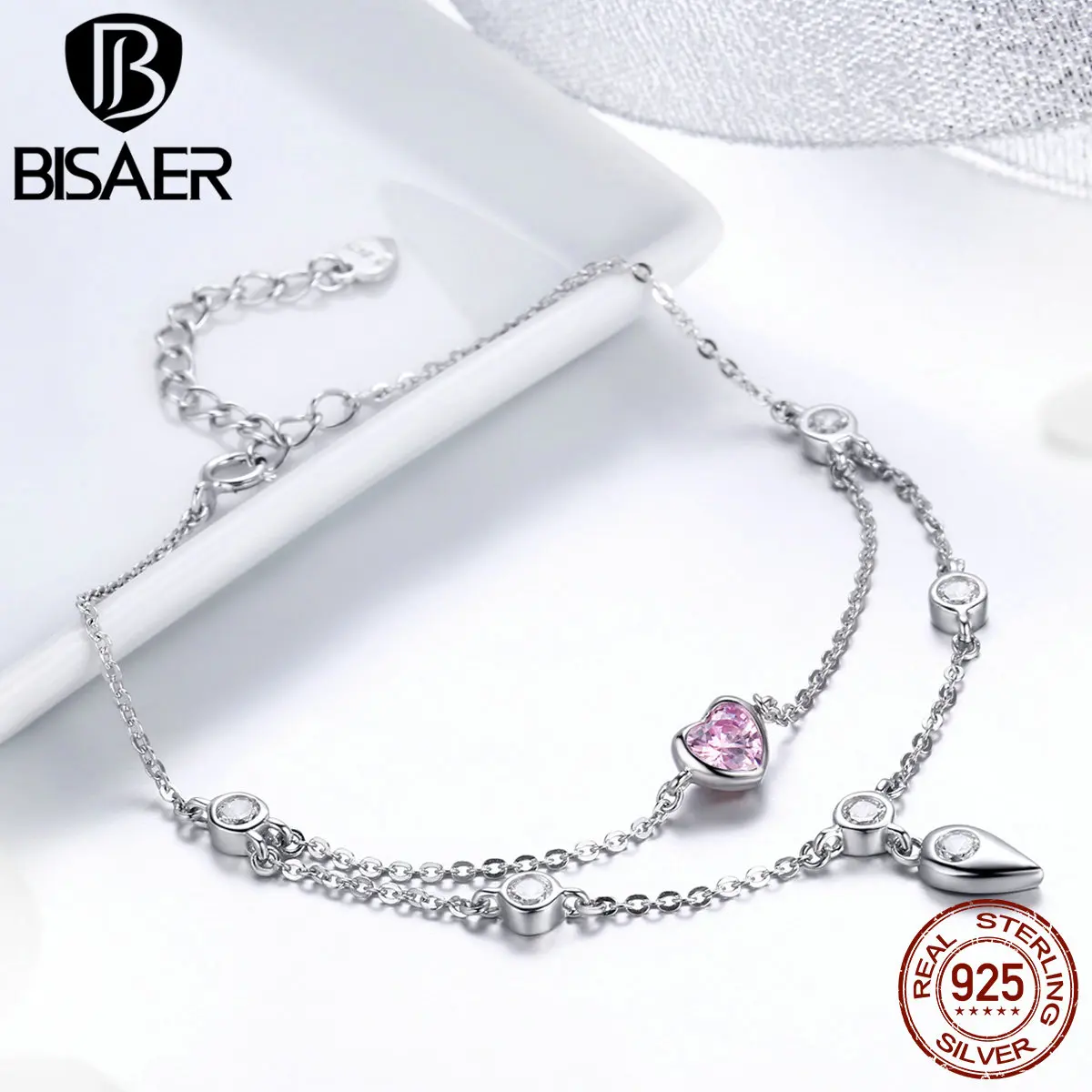 Женский двухслойный браслет цепочка BISAER из стерлингового серебра 925 пробы с