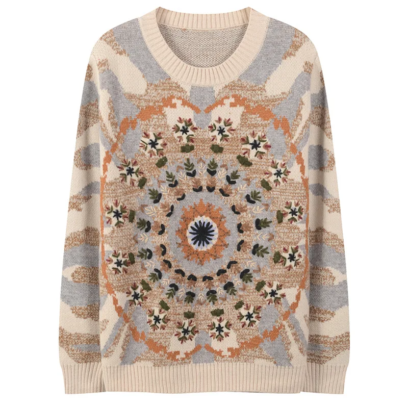 CAMIA autumn new women's sweater contrast color embroidery flower round neck long-sleeved | Женская одежда