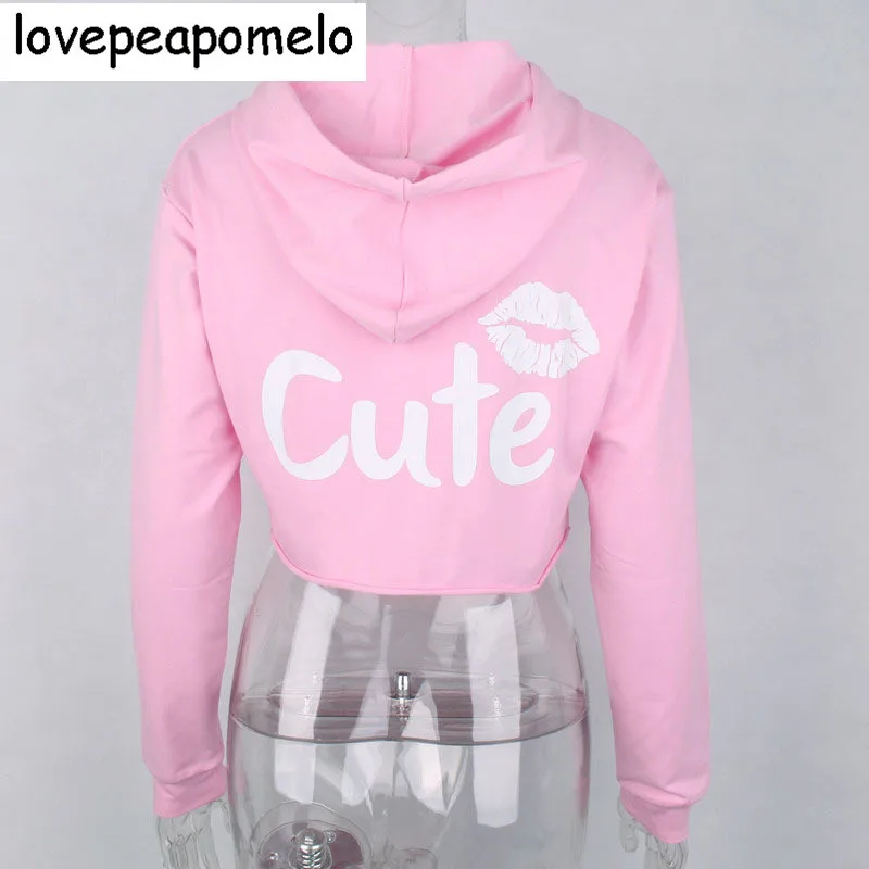 

Women Hoodies 2018 Autumn New Long Sleeve Crop Tops Casual Hooded Cute Lip Printed Sweatshirts Pink Moletom Feminino D146