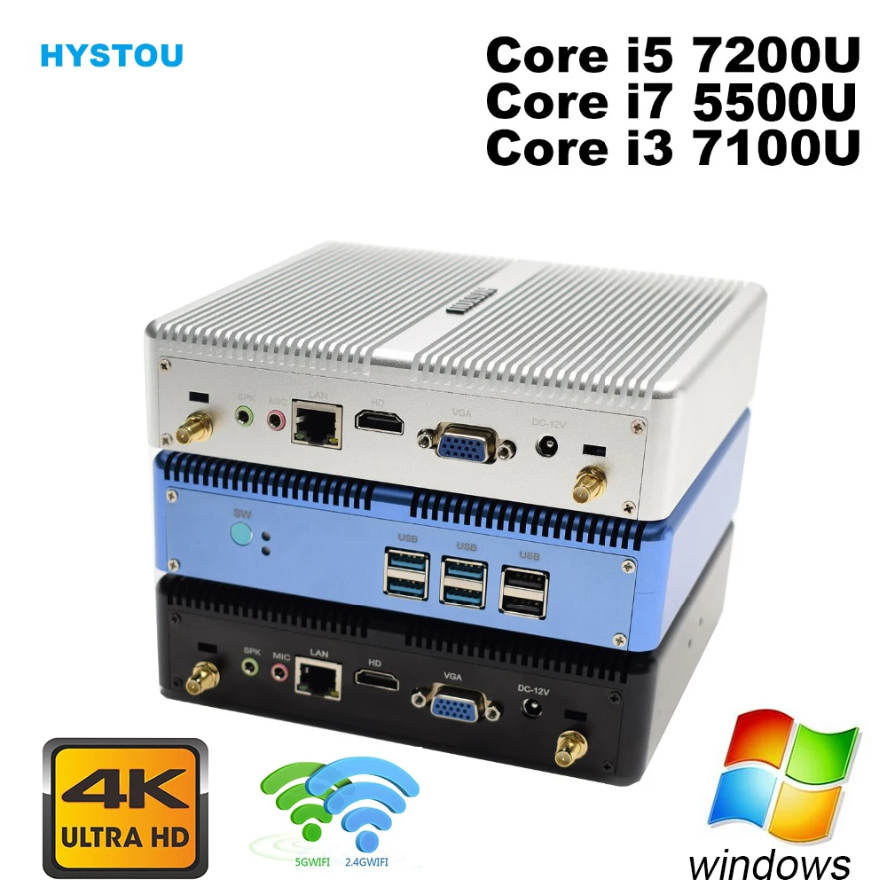 Core i5 7200U i7 5500U HYSTOU безвентиляторный мини ПК Windows 10 HDMI VGA 300M wifi HTPC мини компьютер Linux i3 7100U 4K tv box PC