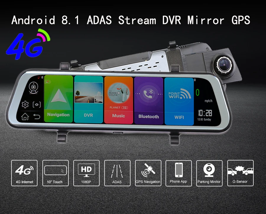 Otstrive 10 дюймов ADAS WiFi Bluetooth Android 8,1 gps двойной объектив DVR Full HD 1080P 4G SIM сетевой видеорегистратор зеркало заднего вида