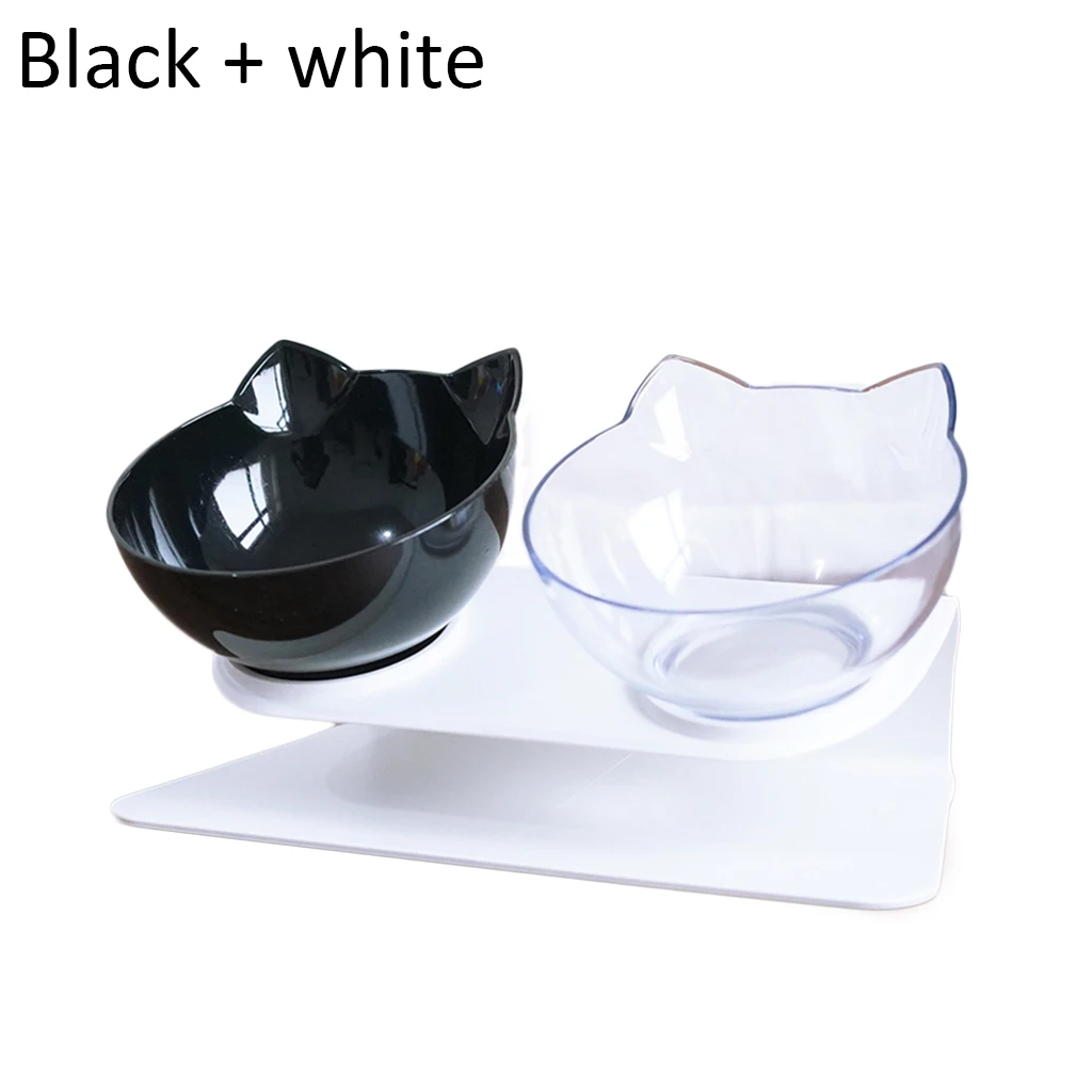 Black white Double Одинарные двойные миски косой Нескользящие миски для кошек с поднятым подставкой миски для еды и воды для кошек, собак, миски для домашних животных - Цвет: Black white Double
