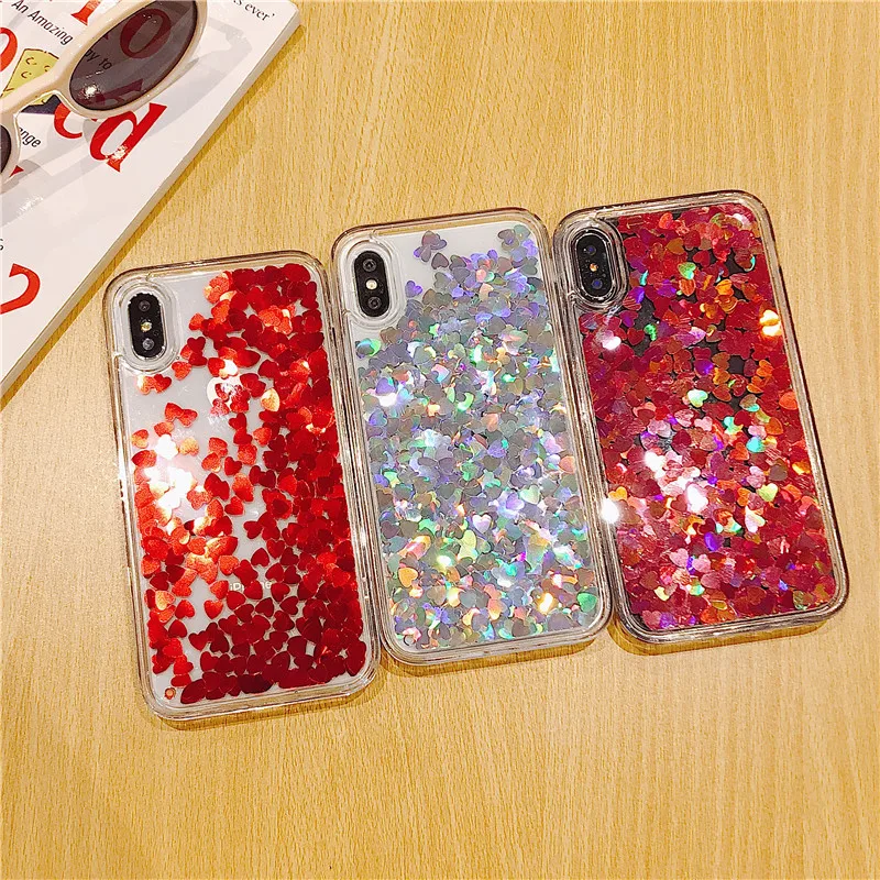 Bling Sequins Red Love Heart Phone Cases For iPhone XS MAX XR X Transparent Hard PC Back Cover Case 6 6s 7 8 Plus |