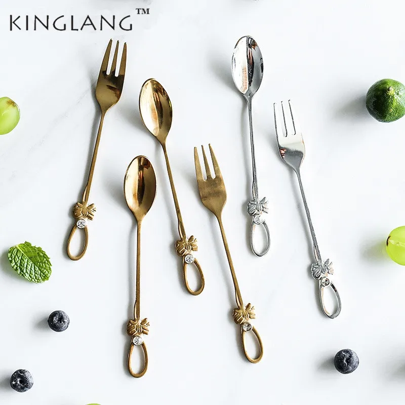 1 шт., KINGLANG, нержавеющая сталь, золото, серебро, кофейная ложка, корона, декоративная ручка, чайная ложка, десертные ложки и кухонные вилки, принадлежности