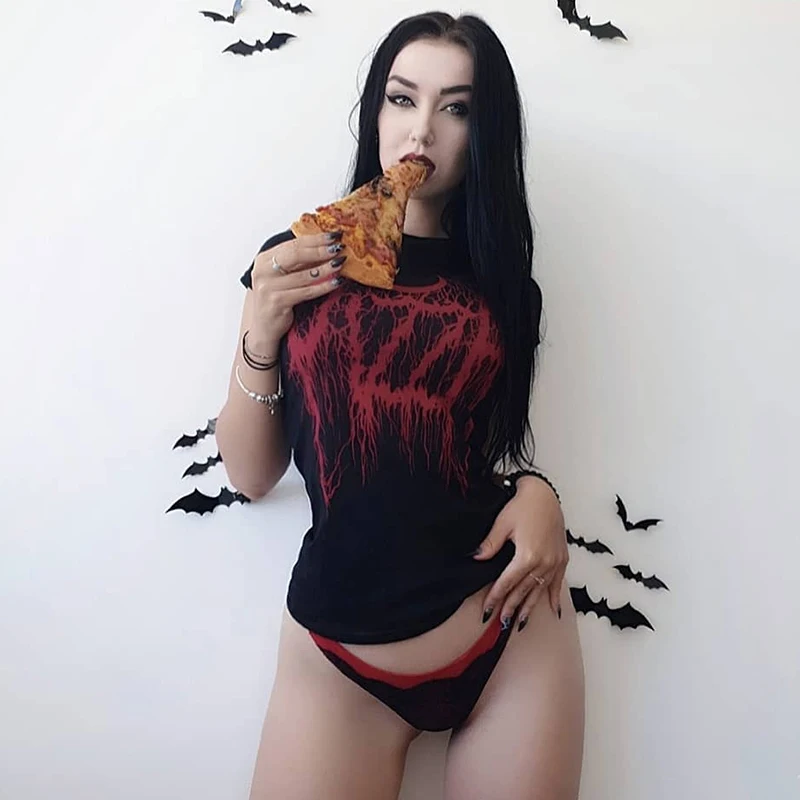 InstaHot Short Sleeve Casual T-shirt Spider Pattern Gothic Punk Loose Harujuku Tshirts Halloween Festivals Tee Tops Women Summer