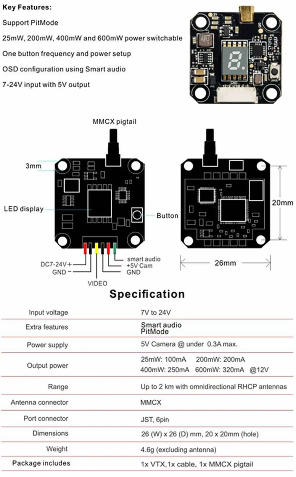 АКК FX3 5,8 ГГц 37CH 25/200/400/600 мВт переключаемый передатчик FPV VTX с MMCX с интегрированным OSD для квадрокоптера