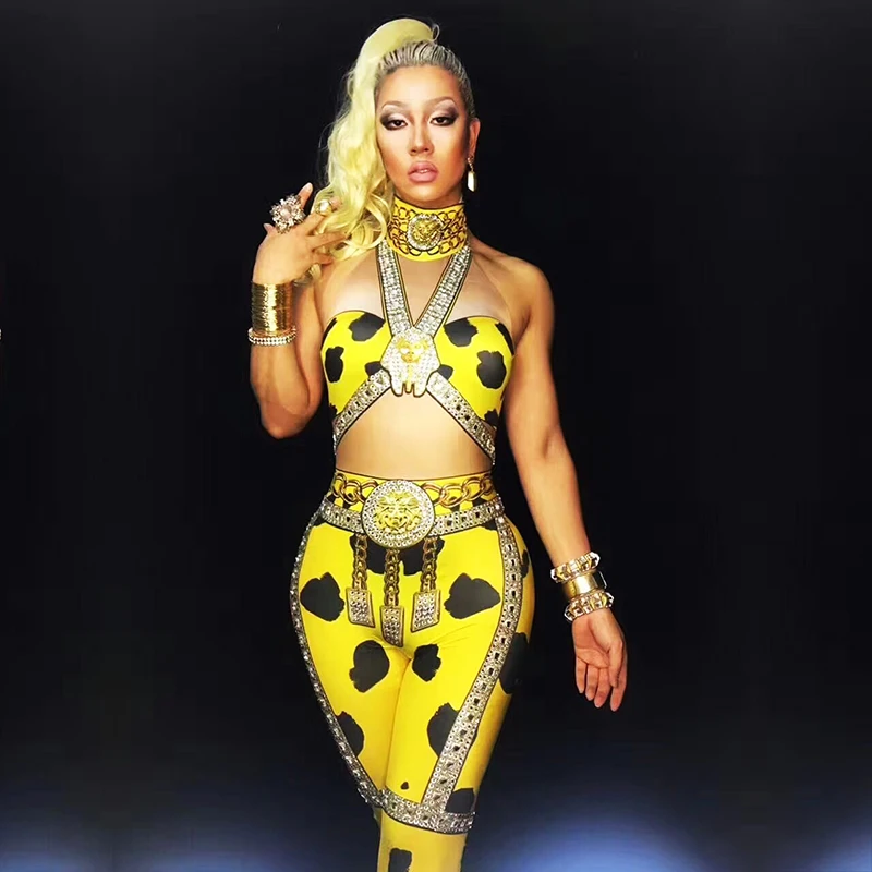 

Nude yellow leopard-print rhinestone elastic jumpsuit nightclub concert singer dancer costume