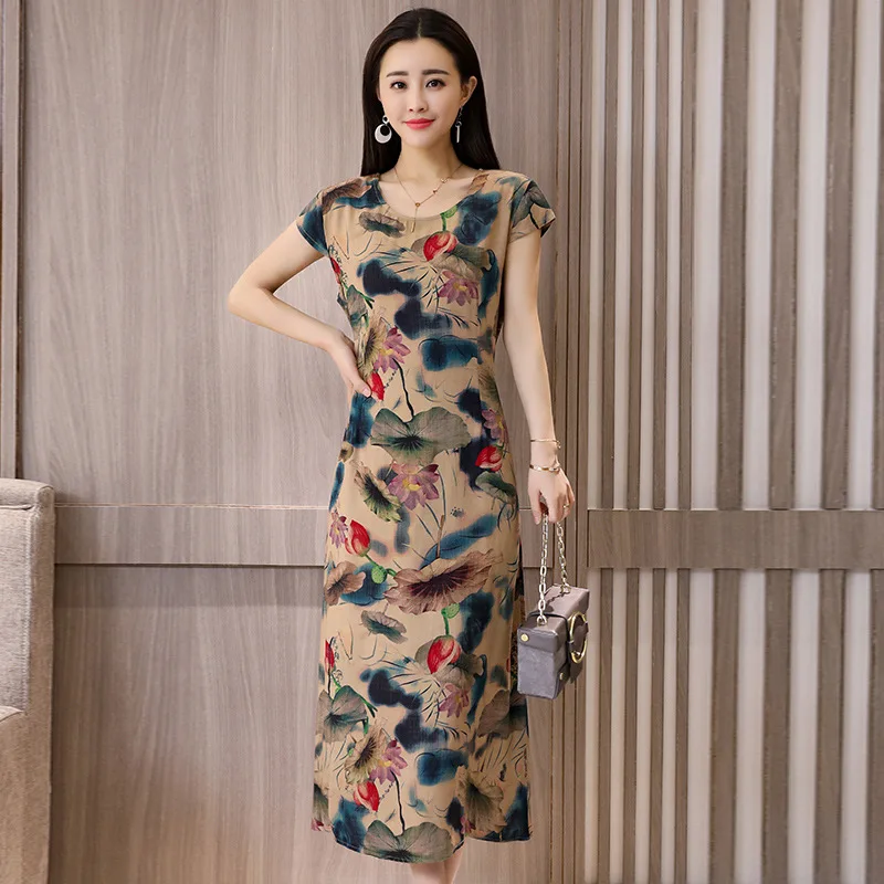 Платье большого размера из хлопка и льна для женщин среднего возраста свободное