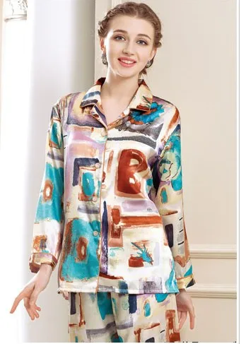 Art, 100% mulberry silk Printed silk women's small lapel pajamas long-sleeved pants suit