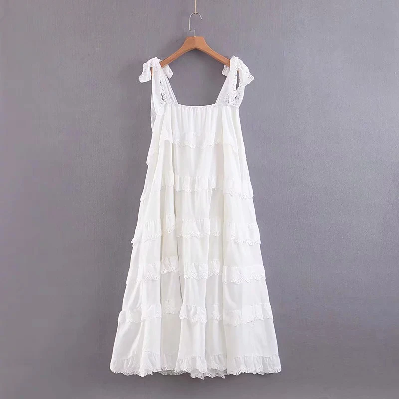 Boho Pleated Spaghetti Strap Billowing Midi Dress 2019 Summer Women Solid Loose Lace-Up Backless Beach Resort | Женская одежда
