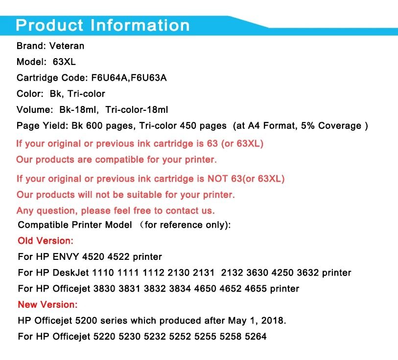 Ветеран Совместимость 63XL чернильный картридж для hp 63 xl hp 63 чип чернильный картридж для hp officejet 3830 Deskjet 1110 1112 2130 2131 2132 5255 5258 5264