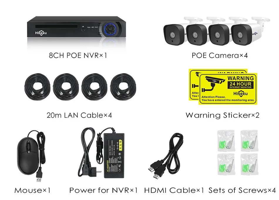 Hiseeu 8CH 1080P POE NVR CCTV система безопасности 4 шт. 2.0MP аудио запись IP камера IR P2P комплект наружного видеонаблюдения 1 ТБ HDD