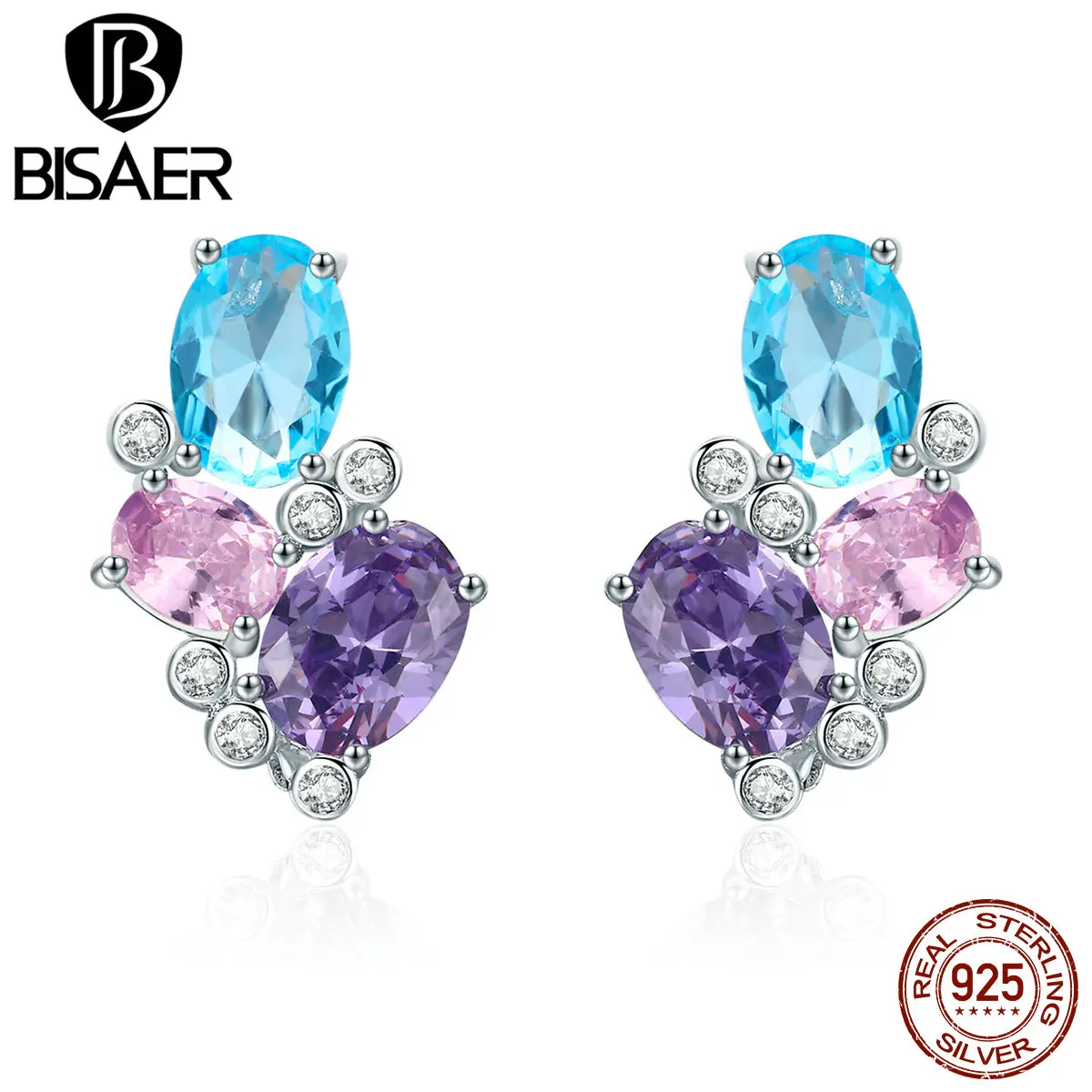 BISAER 925 пробы, серебряные, синие серьги-гвоздики с кубическим цирконием для женщин, женские свадебные модные ювелирные изделия, Bijoux Brincos GXE579