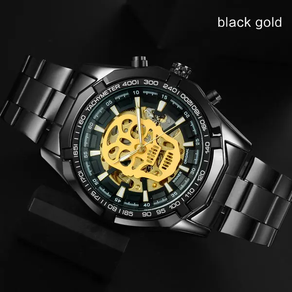 black gold T-WINNER Мужские механические часы Winner Топ люксовый бренд из нержавеющей стали скелетные часы самоветер механические мужские часы - Цвет: black gold