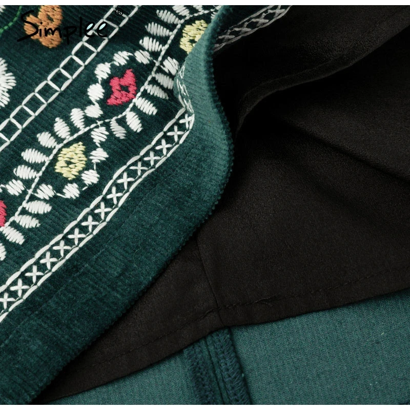 Simplee винтажная юбка с высокой талией, Женская юбка-карандаш Boho, Вельветовая Зимняя юбка, Женская Осенняя сексуальная Зеленая мини-юбка с вышивкой