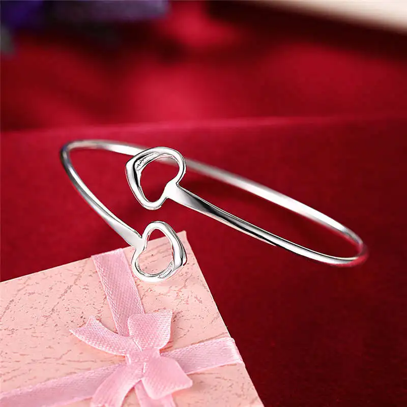HZYMEZ Fashion Double Love Heart Bangle Metal Open End Cuff Bracelets &amp Bangles Silver Color Plated Jewelry For Women Jewelery |