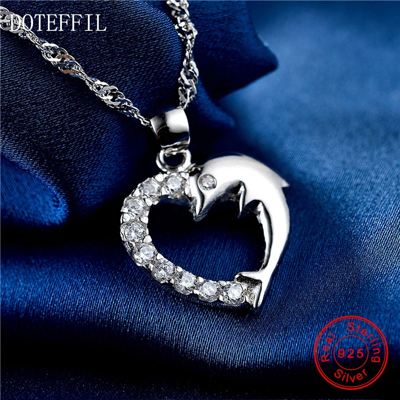 Fashion Dolphins 925 Silver Necklace Women Charm Heart 100% Silver Pendant Necklace Luxury Jewelry