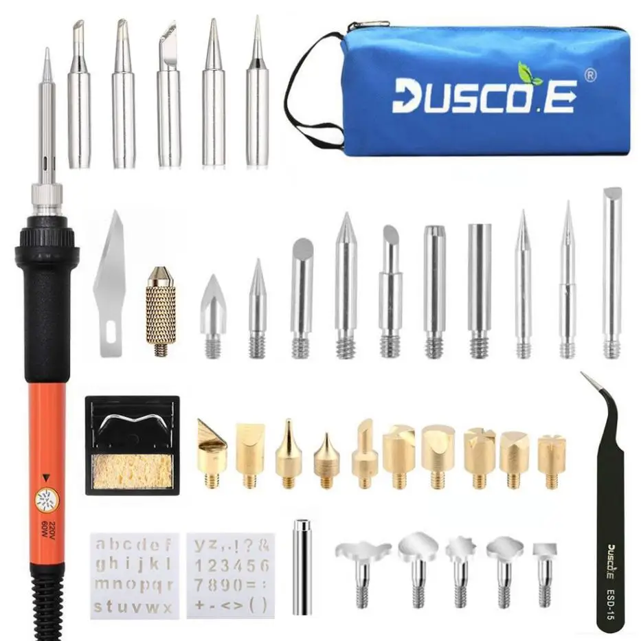 Dusco.E 110V/220V US/EU Plug 60w Adjustable Soldering Iron Wood Burning Pen Set Carving Pyrography Tool 5 pcs Welding Tips Kit