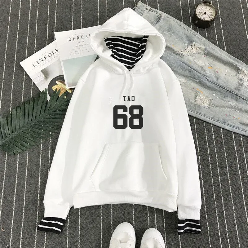 Kpop exo harajuku полосатый воротник свободные поддельные два плюс бархат пуловер с капюшоном женский корейский студенческий k-pop exo осень зима