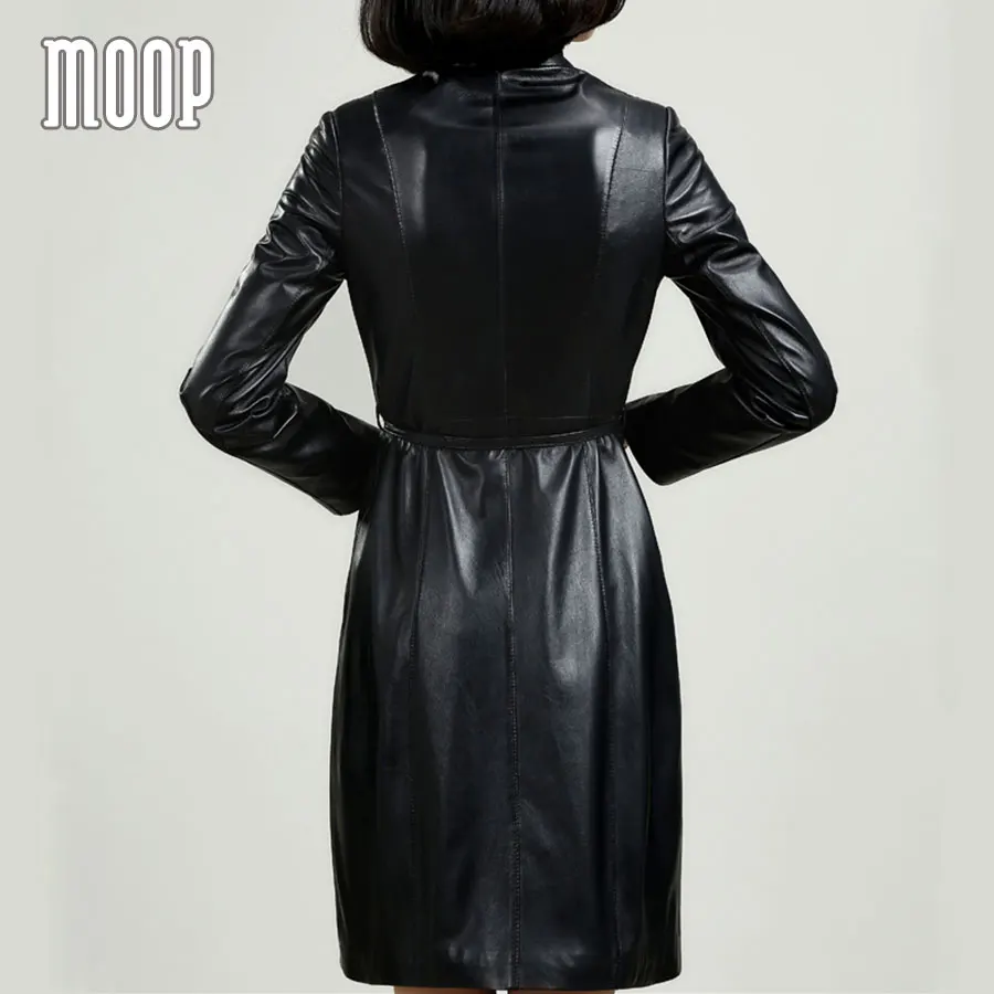 Черные пальто из натуральной кожи ветровка овчины длинный Тренч Регулируемая