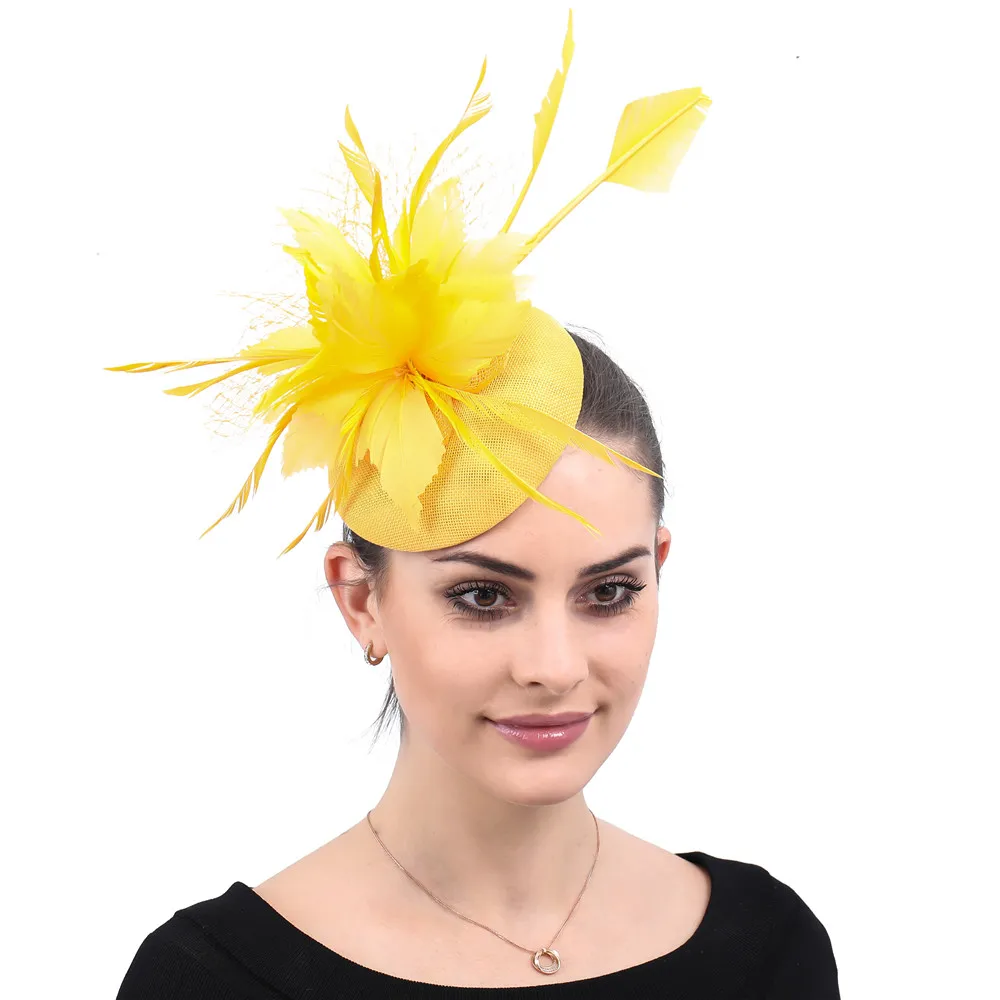 

Yellow Cocktail Fascinators For Women Straw Fedora Weddings Pillbox Hat Vintage Red Ladies Church Dress Sinamay Derby Party Hats