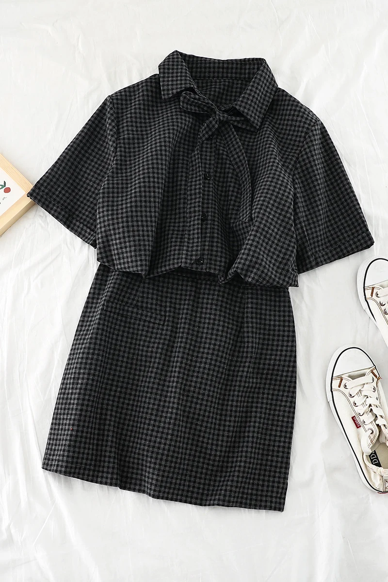 2019 new fashion women's two piece set Retro Plaid Bandage Shirt+ High Waist Pack Hip Pants Skirt Two Piece | Женская одежда
